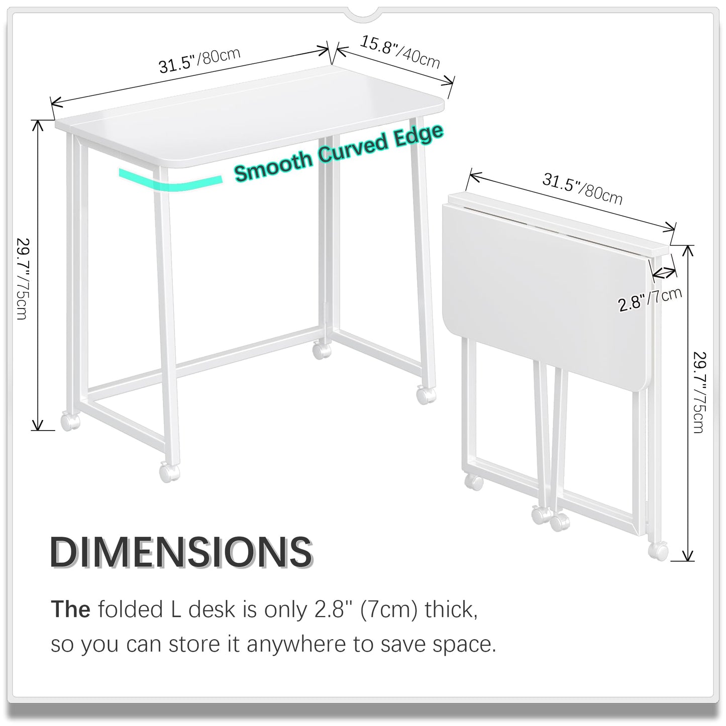 4NM 31.5" Mobile Small Folding Desk, Foldable Rolling Computer Home Office Desk, Study Writing Table for Small Space Saving Bedroom, with Wheels - All White