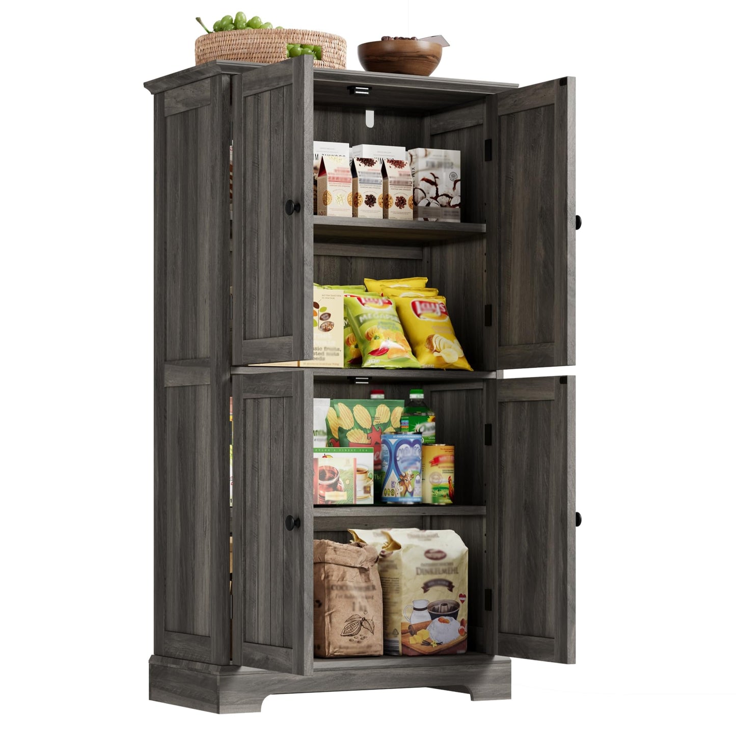 ChooChoo Bathroom Floor Cabinet, Farmhouse Bathroom Storage Cabinet with 4 Doors and Adjustable Shelves, Pantry Cabinet for Living Room, Kitchen, Retro Grey