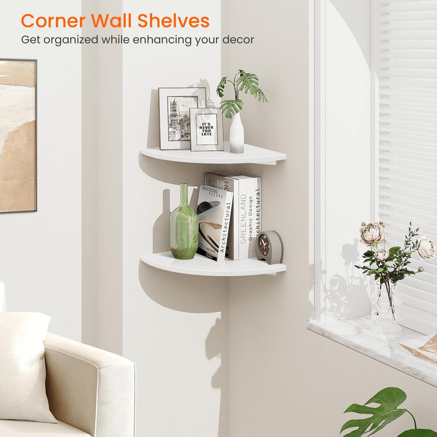 Homode Corner Wall Shelf, 12 in Wide Rounded Corner Shelf Floating, Set of 2 Wooden Hanging Corner Shelves with Wire Hole for Bathroom Living Room Office, White