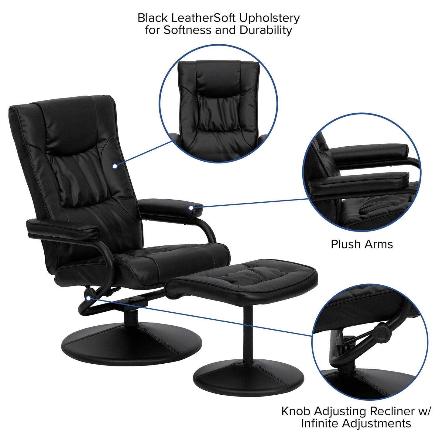 Offex Contemporary Black Leather Recliner and Ottoman with Leather Wrapped Base