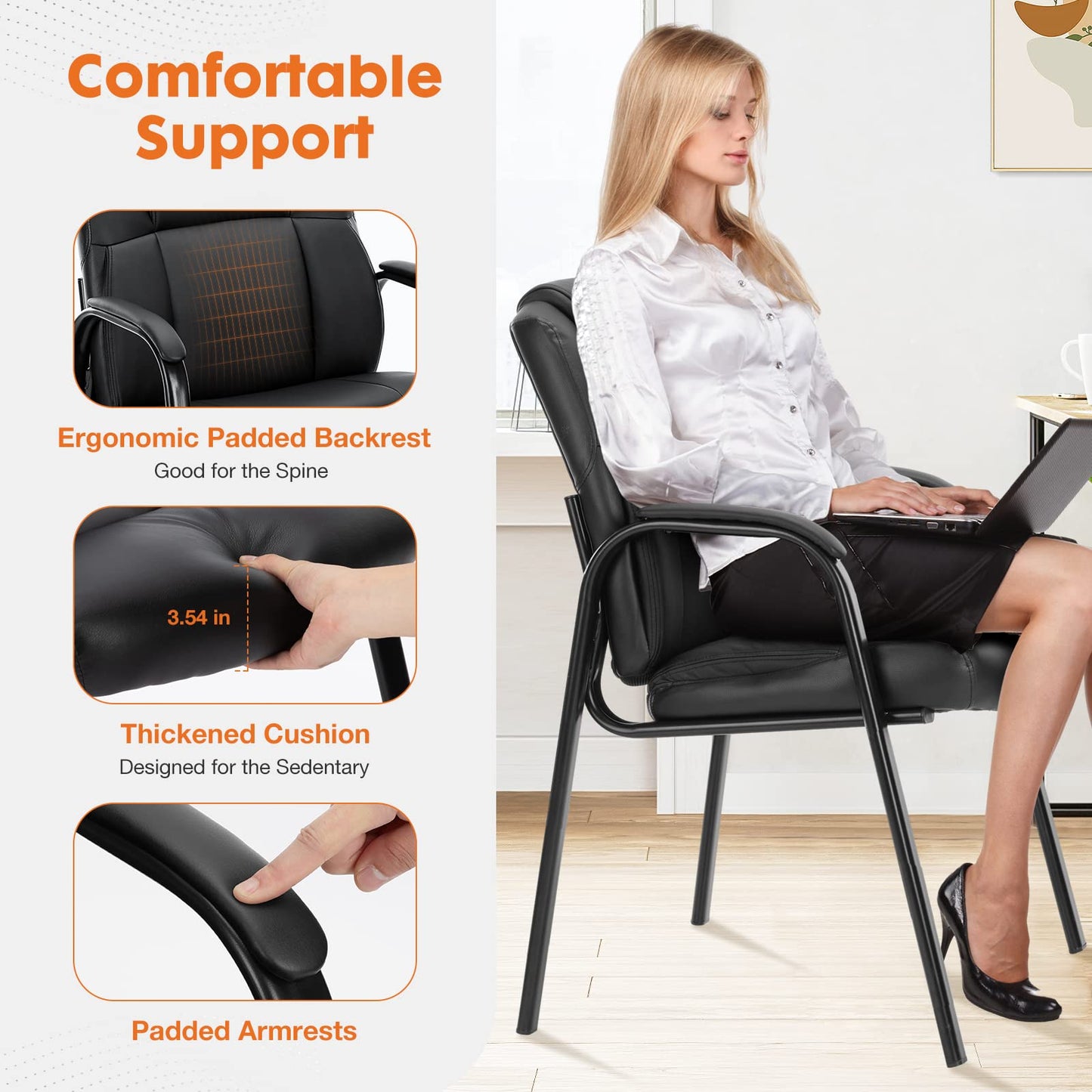 Sweetcrispy Waiting Room Guest Chair, Office Desk Reception Chair PU Leather No Wheels with Padded Armrest for Conference Lobby Area Meeting Medical Clinic Room