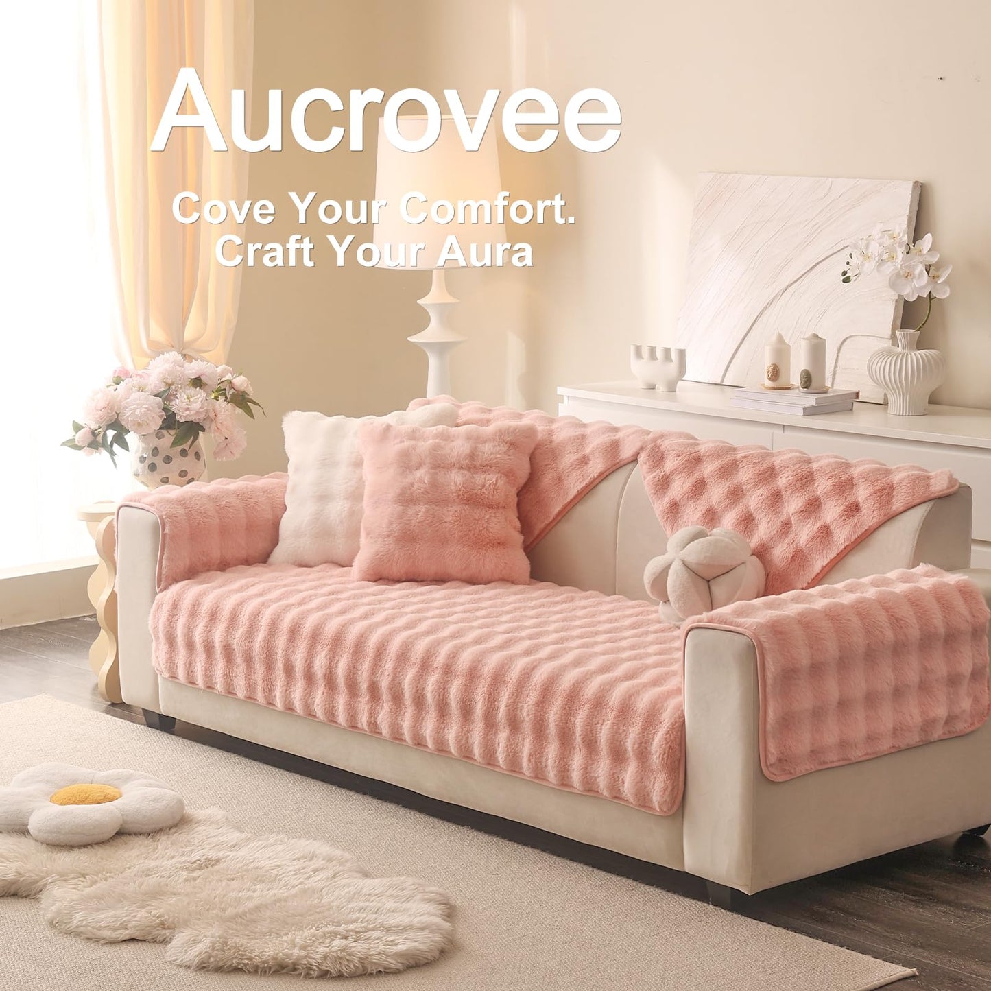 Aucrovee Soft Plush Faux Fur Couch Cover, Thick Warm Fuzzy Sectional Sofa Covers for 3 Cushion Couch Sofa L Sharped Sofa Non Slip Slipcover, Furniture Protector Covers for Pets(1 PCS 36"x36" Pink)