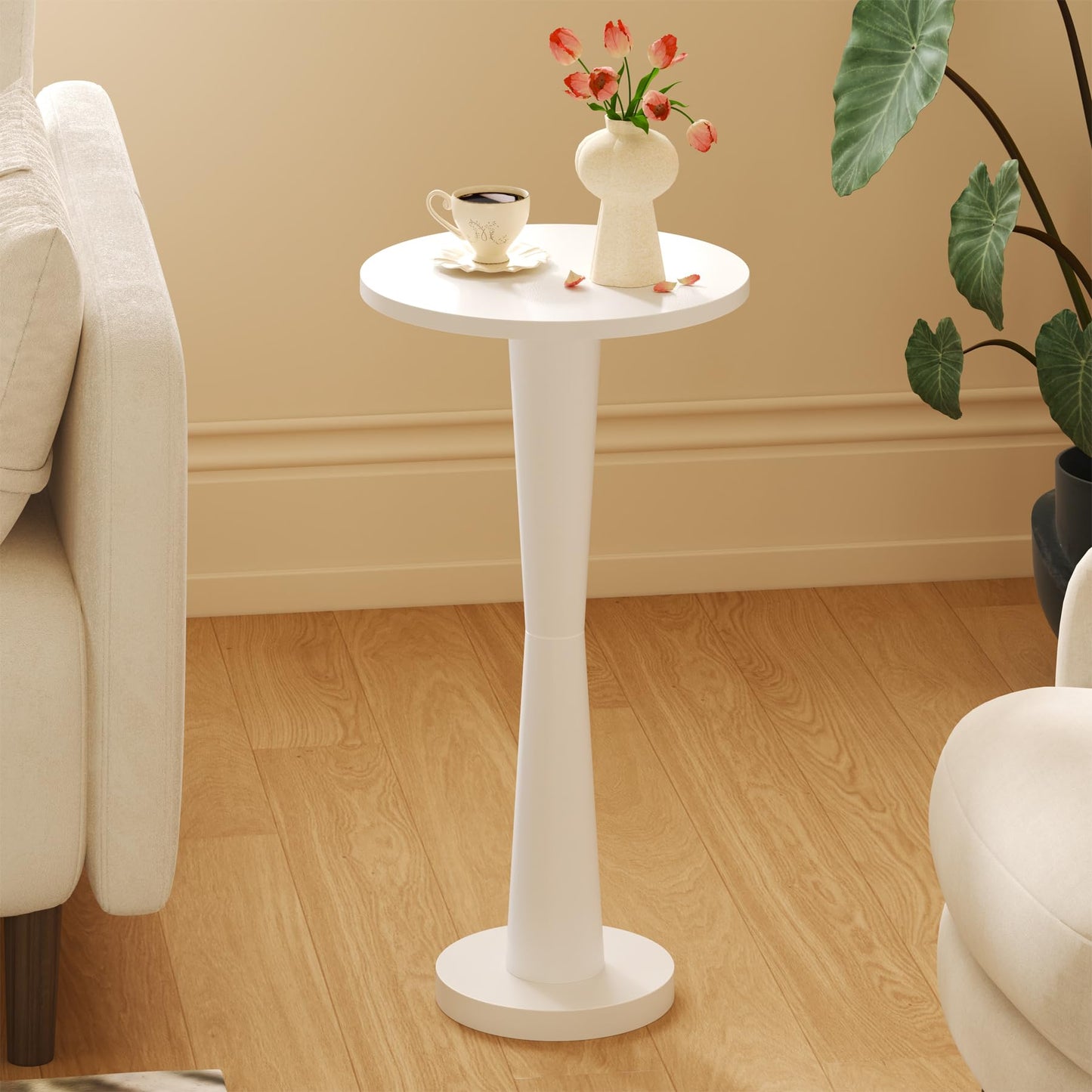 LAATOOREE Small Round Side Table, Wood Pedestal Drink Table, Accent Coffee End Table with Solid Wood Leg for Small Space, Living Room, Bedroom, Corner (1, White)