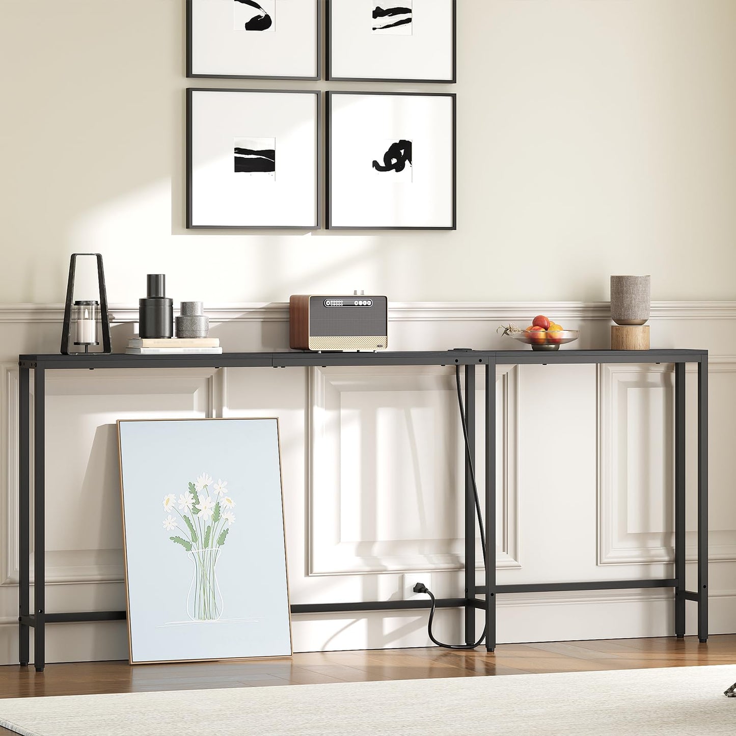 YATINEY Narrow Console Table with Outlets, 70.9" Sofa Table Narrow Long, L Shaped Behind Couch Entryway Table with Charging Station, for Living Room, Hallway, 3 Assembly Options, Black CT07UBB