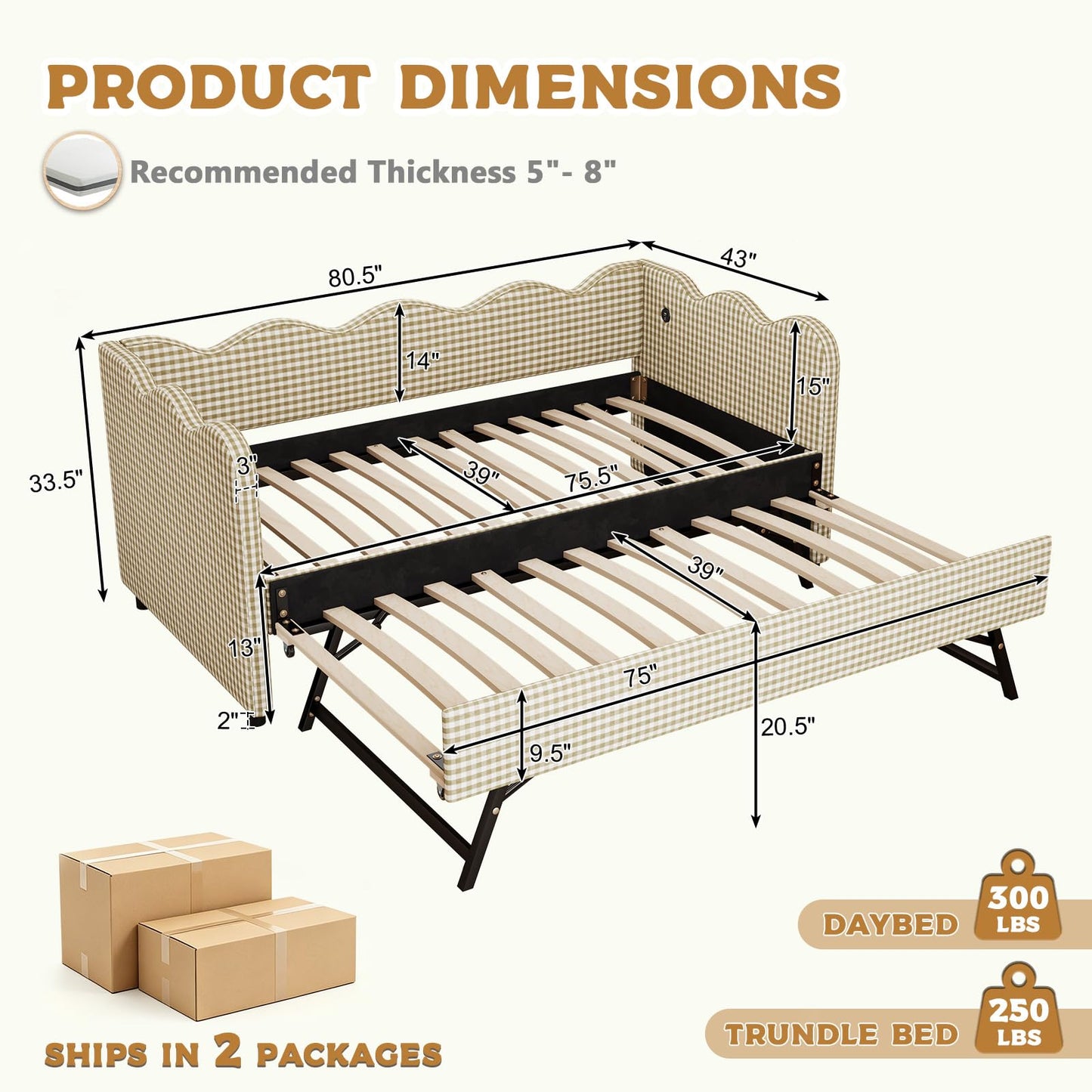 Twin Size Daybed with Pop Up Trundle, Twin to King Gingham Daybed with USB, Upholstery Adorable Wave Shaped Linen Sofa Bed, No Box Spring Needed, Extendable Day Bed for Bedroom, Living Room, Brown