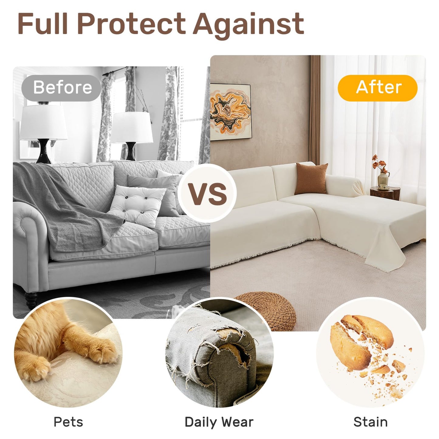 Houmiggle Sectional Couch Covers, 2 Pieces Washable L Shaped Couch Covers Sofa Blanket for Dogs Pet Friendly Sectional Sofa Slipcovers Furniture Covers,71"x118"+91"x134",(XXX-Large,Cream White)