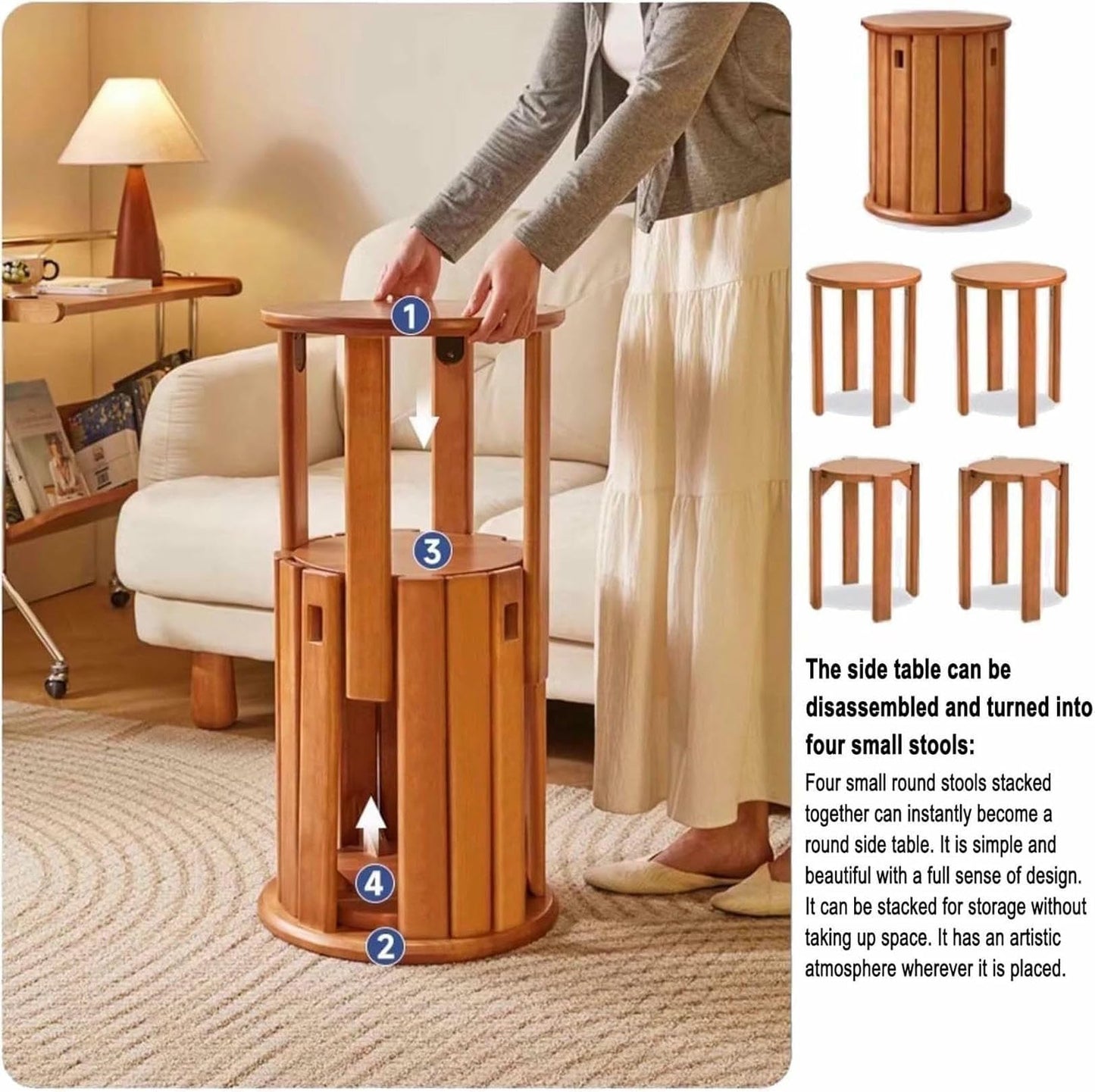 AFLEPCBRQ 4-in-1 Dining Chair,ulti-Use End Table and Chair，Stackable Stools Set of 4,Modern Farmhouse Side End Tables,One Piece for Two Purposes Stackable Stools