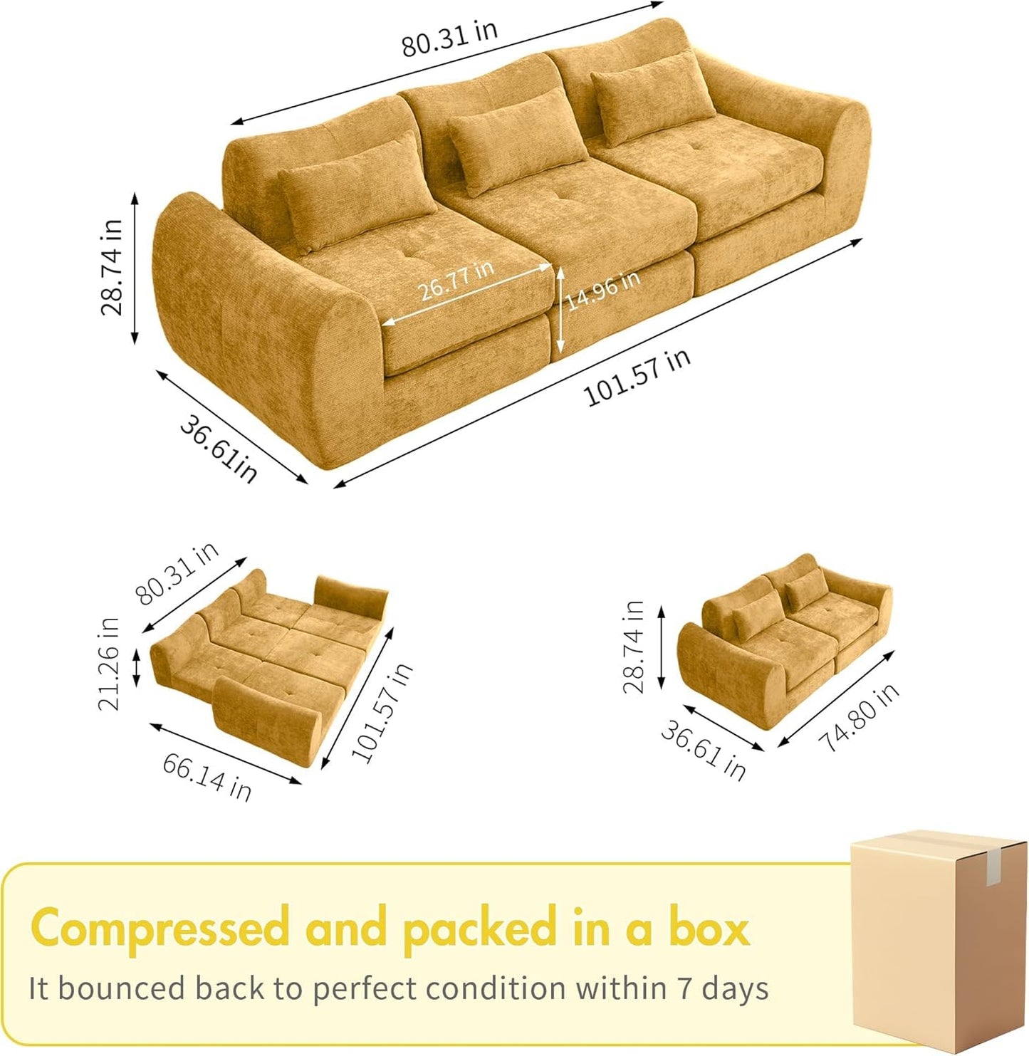 102" Modular Sectional Boneless Couch for Living Room, Convertible Cloud Sofa Bed Couches with Upholstered Deep Seat, No Assembly Needed, Ideal for Small Space Apartment Playroom Bedroom Yellow