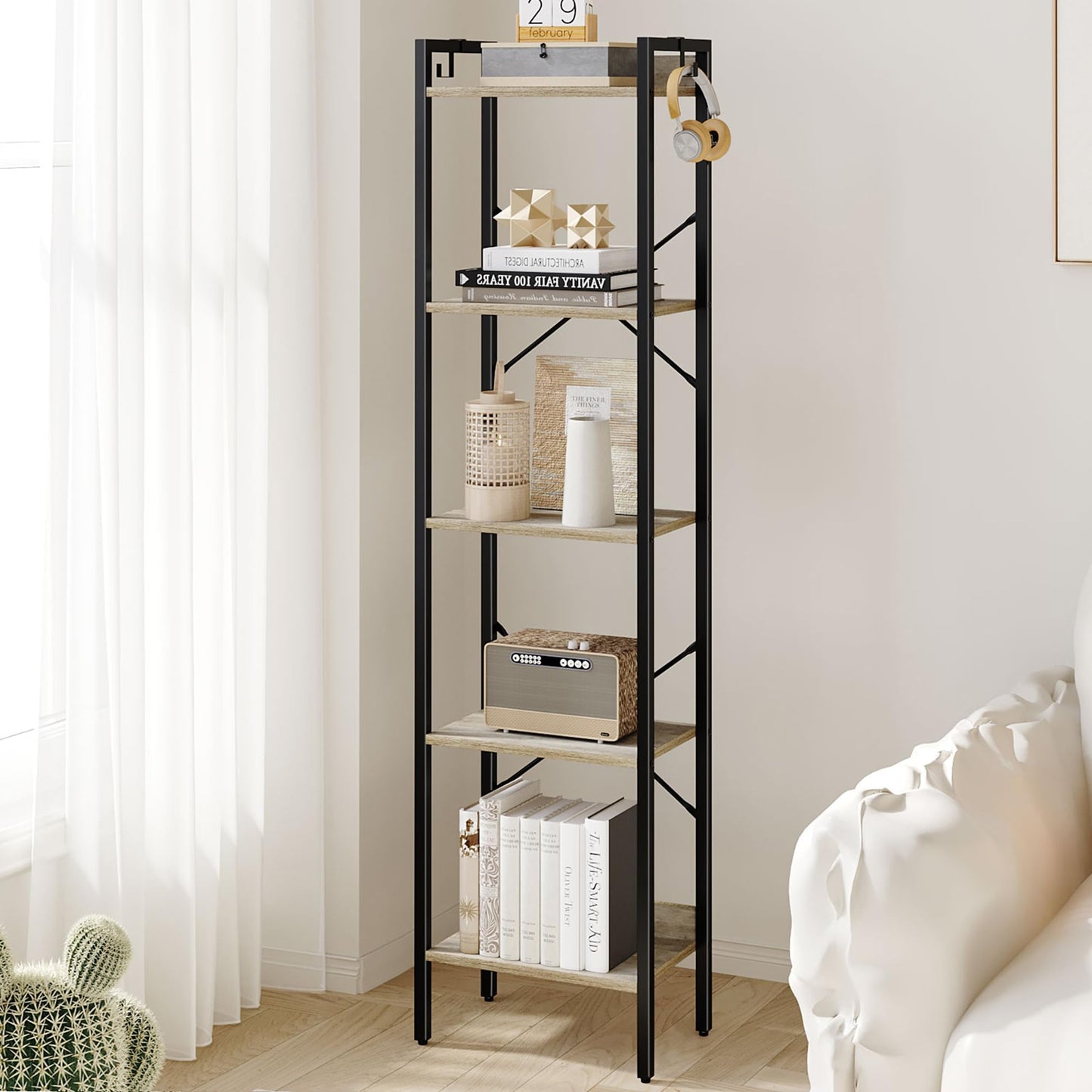 Hzuaneri Bookshelf, Book Shelf, Industrial Bookcase with 2 Hooks, Coner Shelf Storage Organizer for Home Office, Living Room, Bedroom, Kitchen, 5-Tier Greige BC10505B