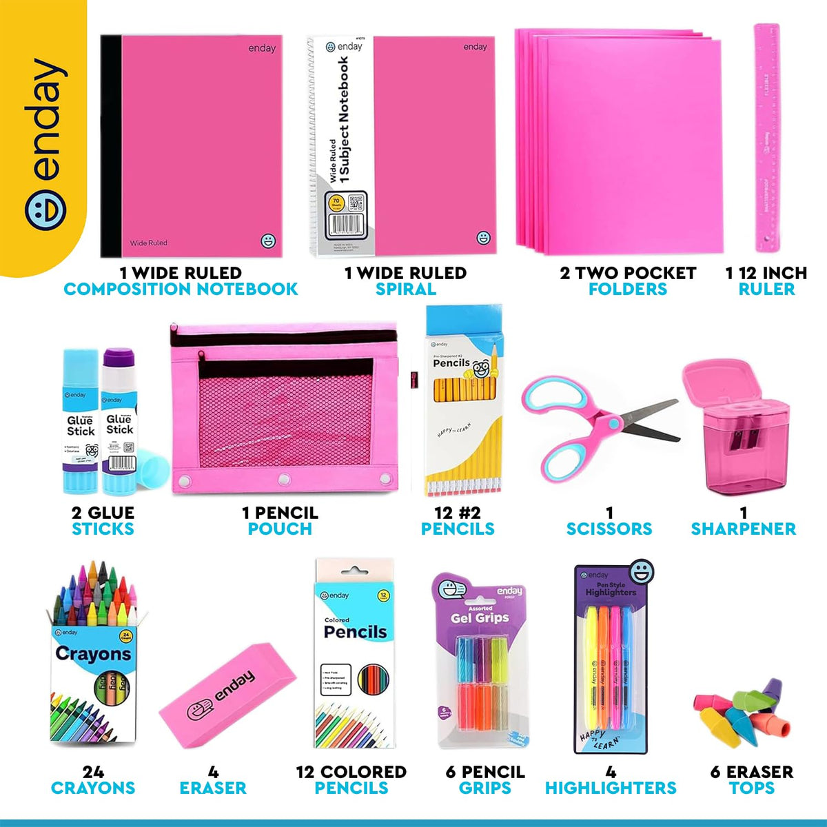 Enday Back to School Supplies for Kids, Pink School Supply Box Grades K-5, Premium Quality Kids School Supplies Kit, Kindergarten School Supplies for Girls and Boys, 71 Piece Set