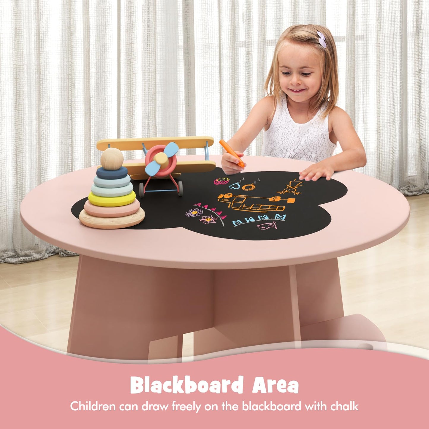 INFANS Toddler Table and Chair Set with 4 Storage Stools, Wooden Flower Shaped Nesting Table with Blackboard Drawers, Children Multi-Activity Table for Art Crafts Draw Read Boys Girls 3+