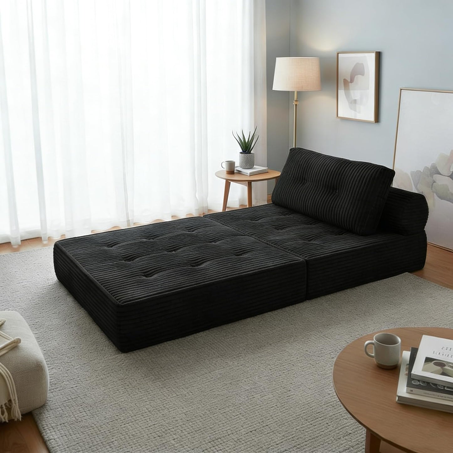 HonTop Folding Sofa Bed, Convertible Couch Chair with Pillow, Boneless Velvet Foldable Sleeper Sofa with Back Support, Portable Fold Out Lounger for Living Room, Apartment & Dorm, Dark Grey Corduroy