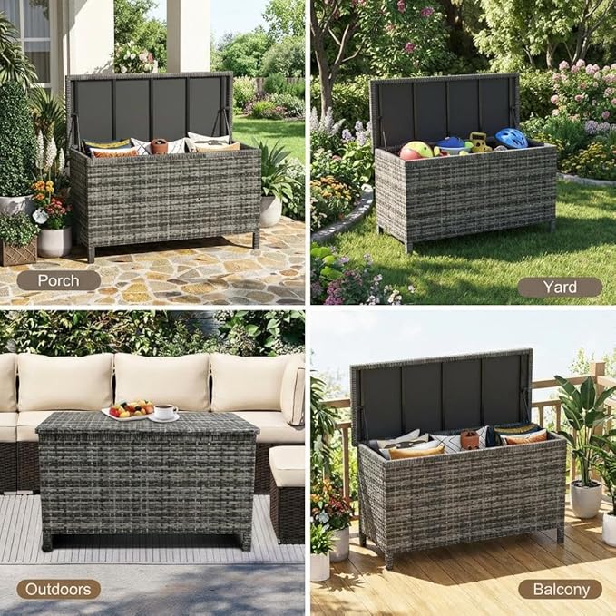 GarveeLife Medium Outdoor Wicker Storage Box, PE Rattan Patio Storage Chest