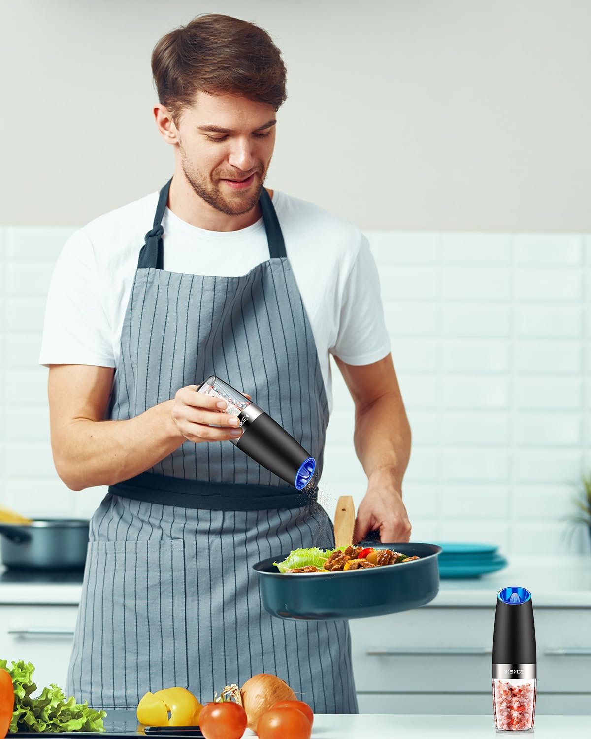 XinXu Gravity Electric Pepper and Salt Grinder Set, Adjustable Coarseness, Battery Powered with LED Light, One Hand Automatic Operation