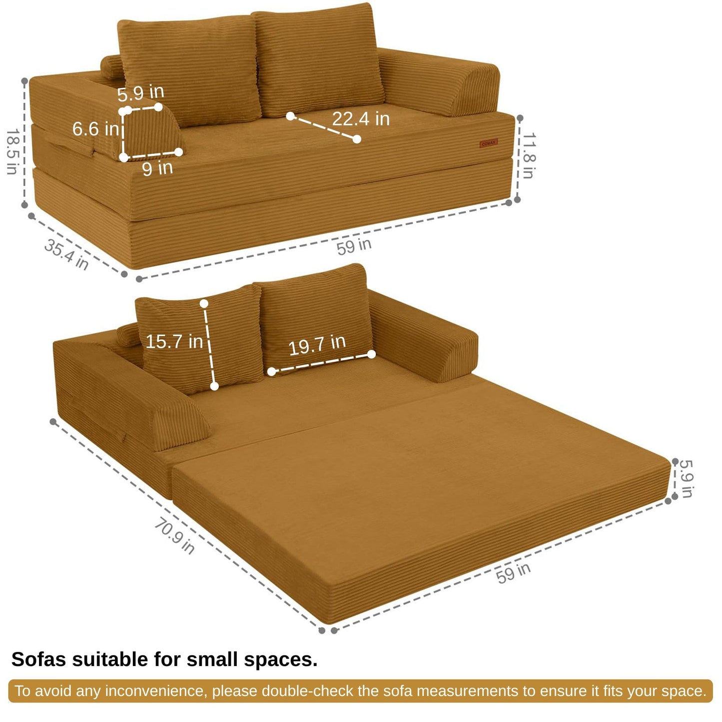 COMAX Convertible Sofa Bed, Folding Floor Couch Corduroy Fold Out Couch Bed Futon Sleeper Mattress with Pillows, Boneless Sofa Comfy Lounge Loveseat for Living Room Bedroom, Yellow