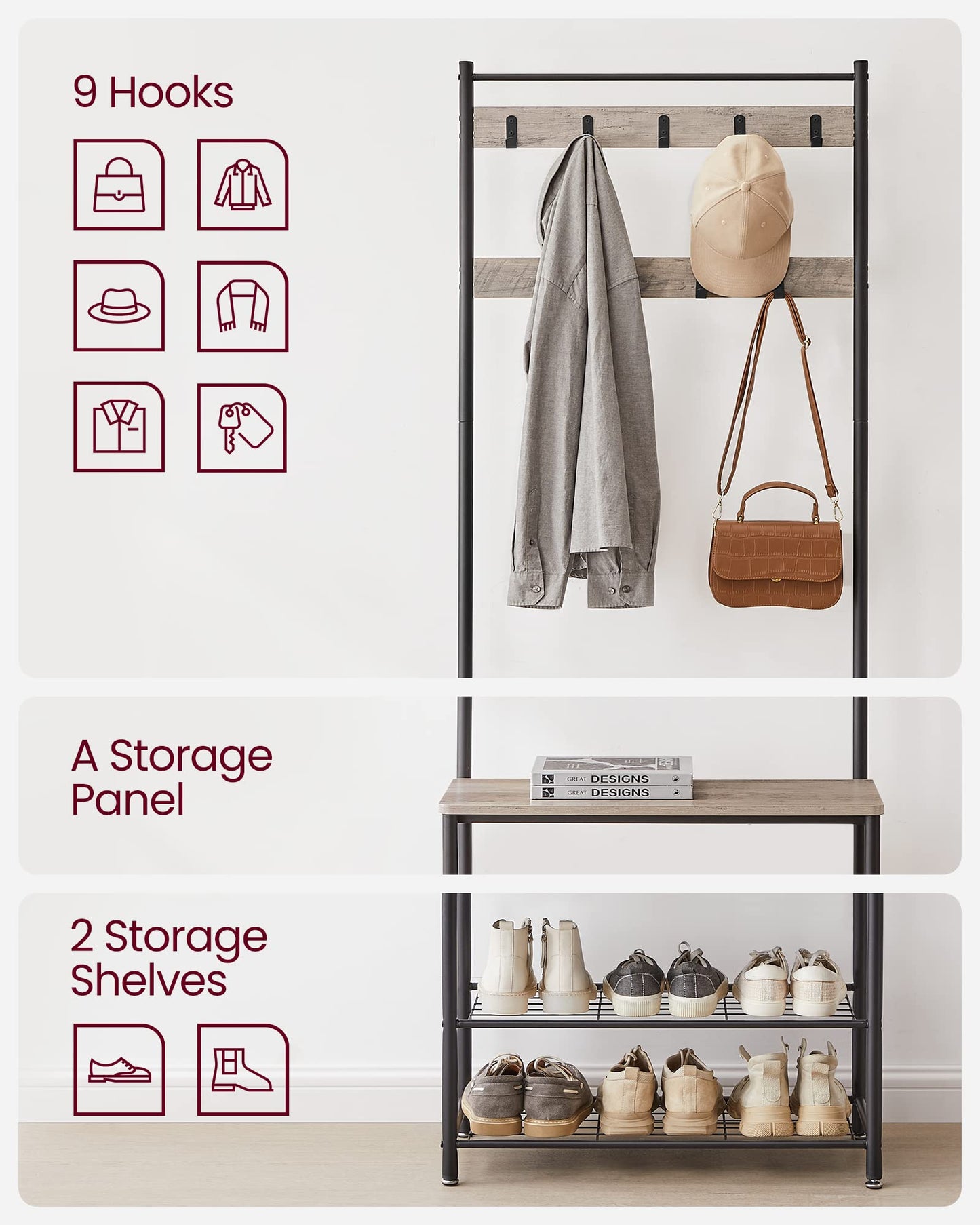 VASAGLE Coat Rack, Hall Tree with Shoe Storage Bench, Entryway Bench with Shoe Storage, 3-in-1, Steel Frame, for Entryway, 12.6 x 27.6 x 68.9 Inches, Industrial, Greige and Black UHSR41MB