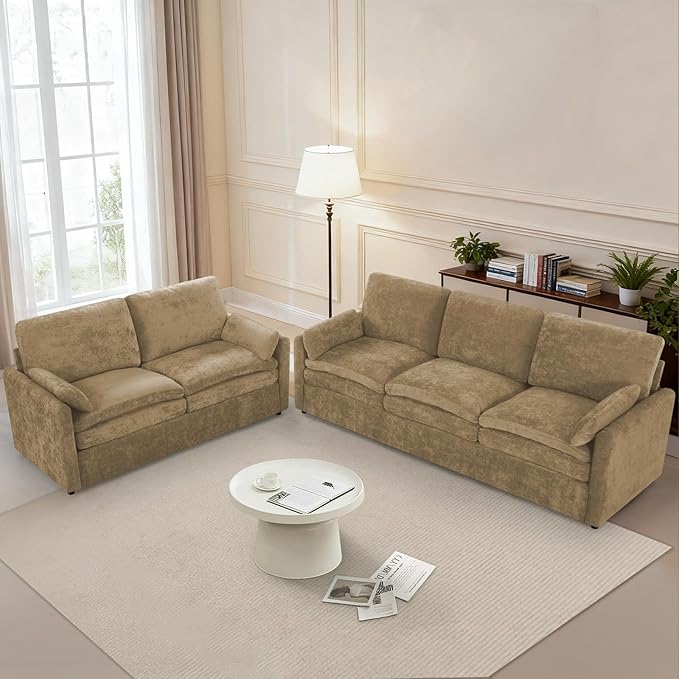 Comfy Chenille Sofa Set with Well-Filled Pillows, Modern 3 Seater and Loveseat