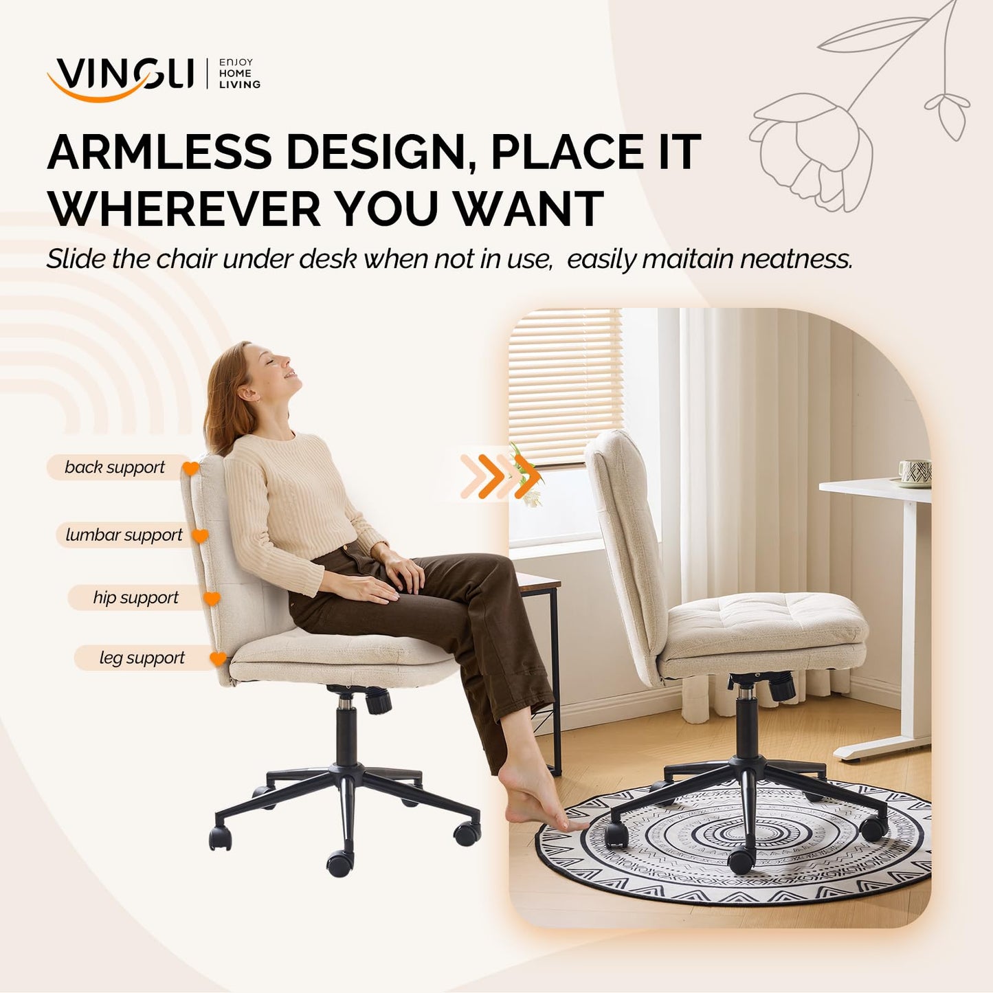 VINGLI Mid Back Armless Office Desk Chair with Wheels/no Wheels,360°Rocking Swivel Vanity Chair with Thickened Cushion,Adjustable Height Rolling for Reading Room, Make up,Linen Beige