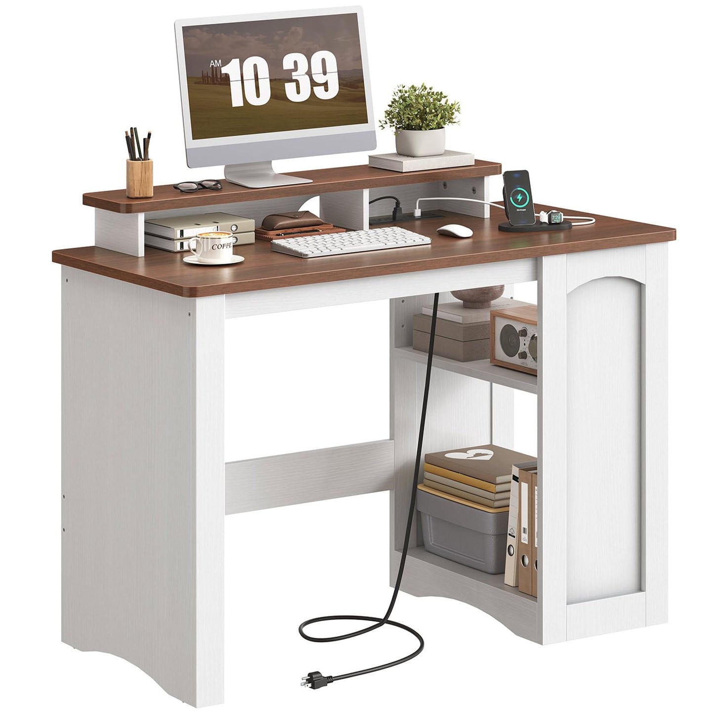 HOOBRO Farmhouse Executive Desk, Computer Desk with Charging Station, Office Desk with Monitor Stand & Adjustable Shelf, Small Desk for Small Space, Study, Living Room, White and Walnut WH85UDN01