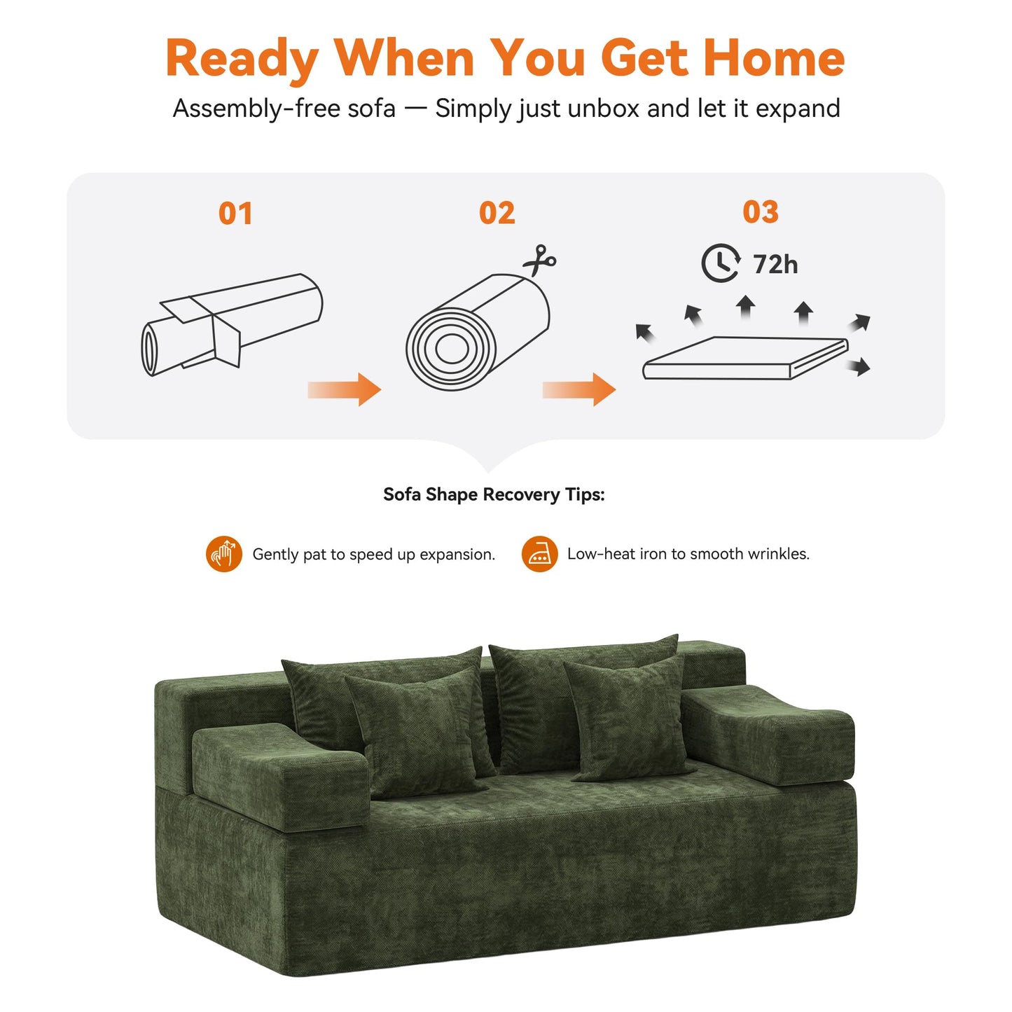 MONVANE 3-Piece Boneless Loveseat Couch Set for Living Room, Oversized Modular Sectional Sofa Set with Removable Armrests, Comfy Chenille Cloud Couch with 12 Pillows, No Assembly Required, Green