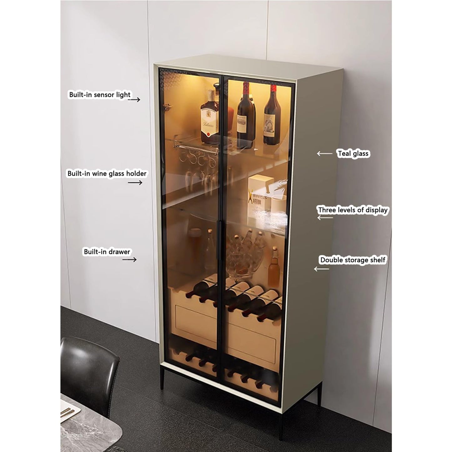Modern Wood Buffet Cabinet with Tempered Glass Wine Rack and Auto Sensing Light Standing Kitchen Storage Rack with Stackable Drawers Liquor Cabinet for Kitchen Dining Area