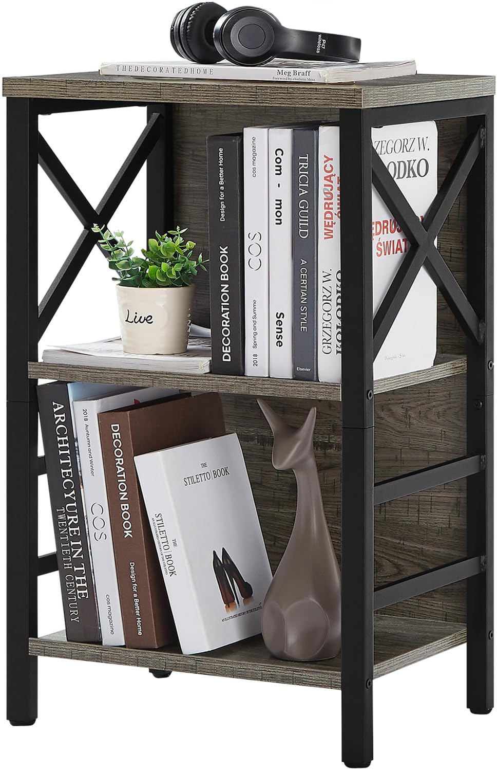 MNEETRUNG Small Bookcase,3 Tier Industrial Bookshelf with Metal Frame and Backboard,Low Grey Book Shelf,Book case for Small Spaces,Living Room,Bedroom and Home Office