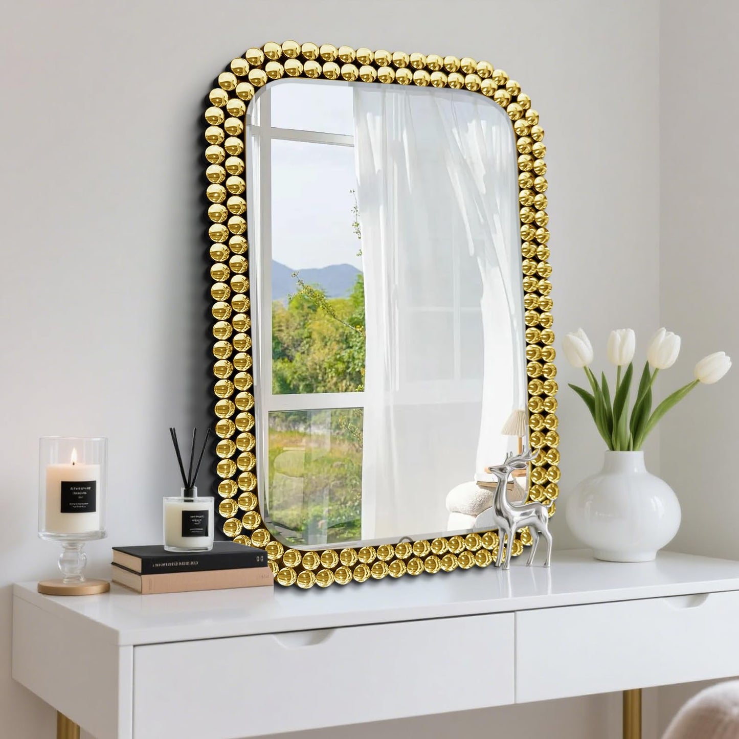 Scoffee Wall Mount Bathroom Mirror Beaded Framed Baroque Decorative Vanity Mirror Rounded Corner Rectangle Mirror for Wall,Over Sink，Bedroom