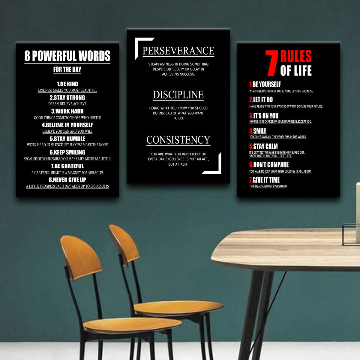 YSPCSUN Triptych Wall Decor Inspirational Posters for Office, Black White Perseverance Discipline Consistency 3 Panel Canvas Prints for Home Office Dorm, 48x24 Inch Display