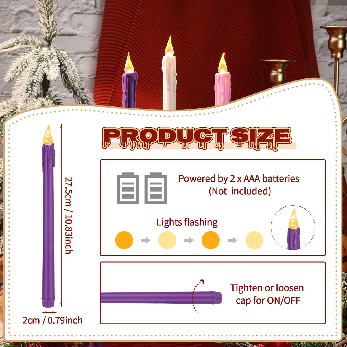 BBTO Christmas Flameless Advent Candles Set of 5 Battery Operated Candles LED Taper Candle Purple & Pink Glitter Flickering Candle for Christmas Fireplace Wreath Decor(Teardrop Style)