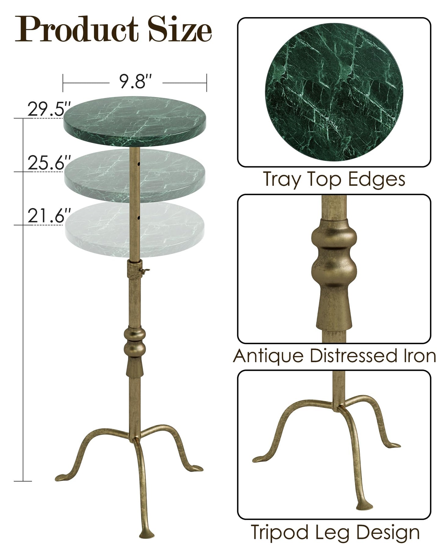 Adjustable Height Round Pedestal Table - 22-30 Inch, Modern Martini Cocktail End Table with Natural Travertine Top & Antique Brass Base for Small Spaces Living Room, Bedroom (Green Marble)