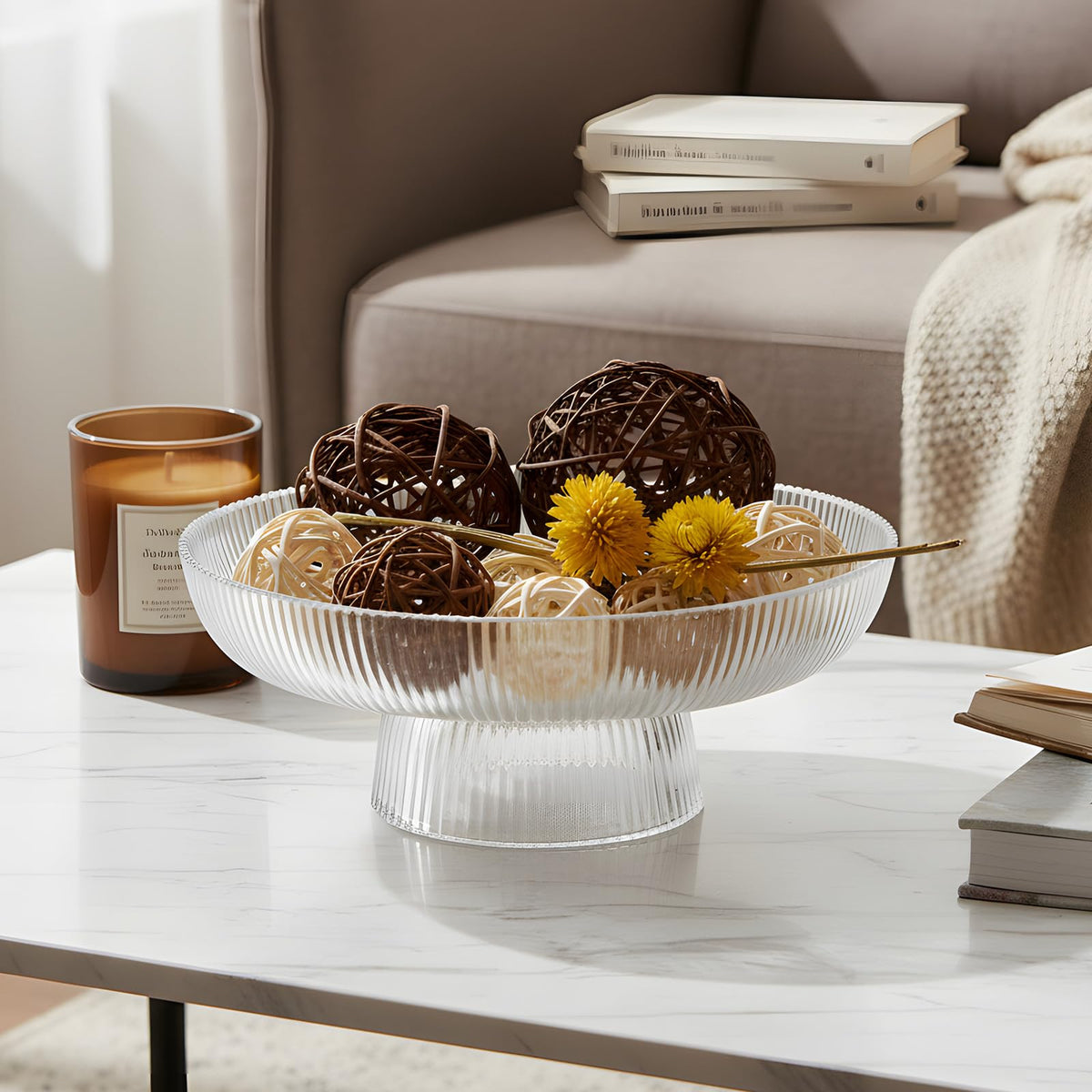 Kultilanda Large Glass Fruit Bowl for Kitchen Counter Decorative Centerpiece Bowl for Table Home Déco, Clear Ribbed