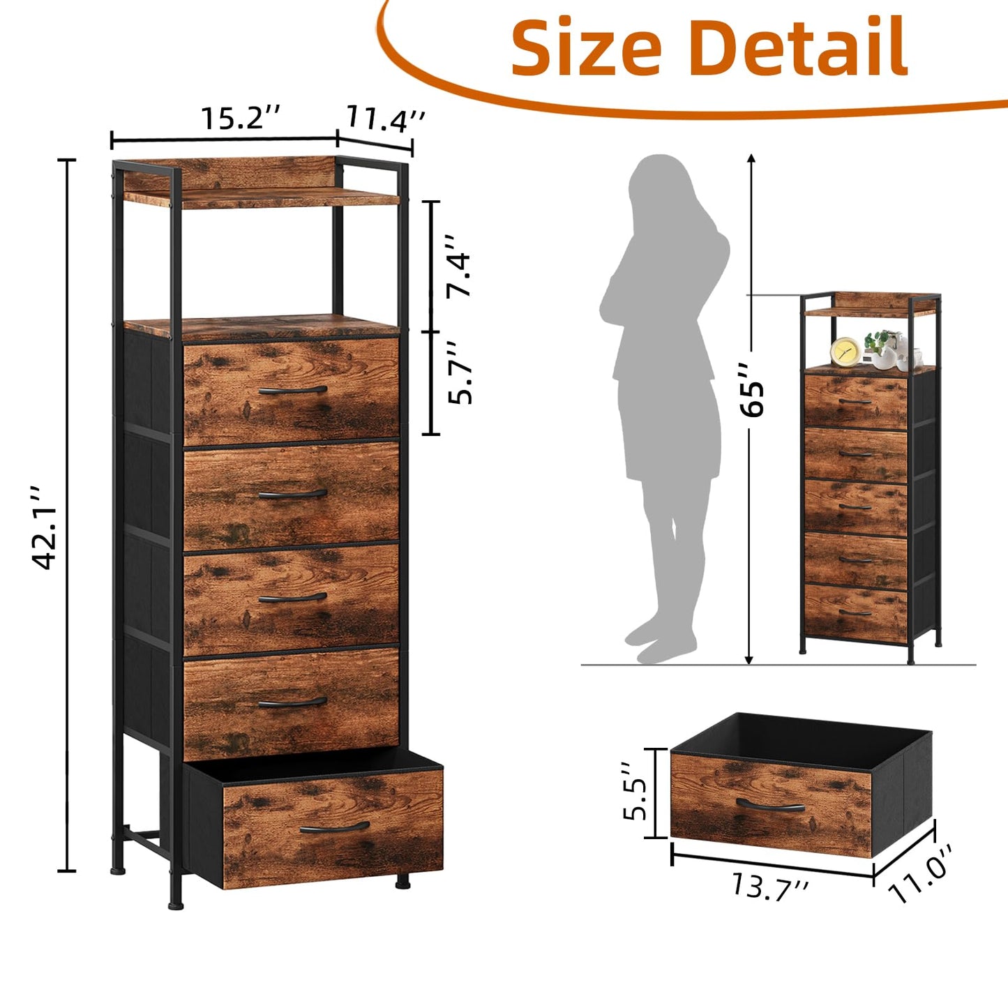 Somdot Tall Nightstand for Bedroom, Tall 5 Drawers Dresser, Vertical Storage Tower Unit, Nightstand Furniture with Fabric Drawer Organizer in Bedside Kids Room, Laundry Entryway, Wood Grain Print