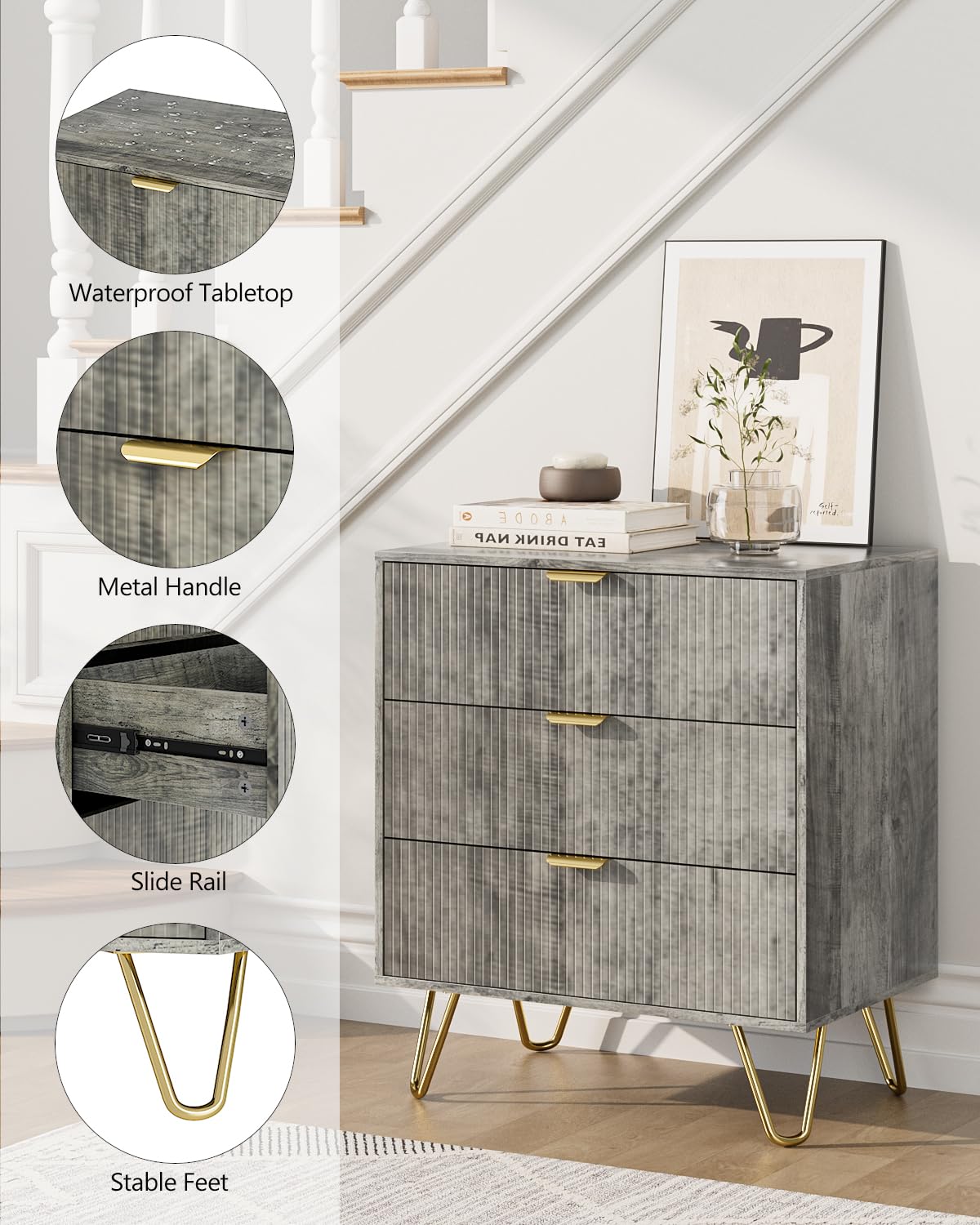 AEPOALUA Grey Dresser for Bedroom, Modern Fluted 3 Drawer Dresser with Storage, Dresser Chest of Drawers with Gold Handles for Bedroom, Living Room, Closet, Hallway, 15.8" D x 23.6" W x 27.6" H
