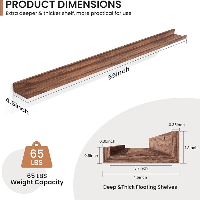 Fun Memories Picture Ledge Shelves Set of 2, 55 Inch Rustic Wall Mounted