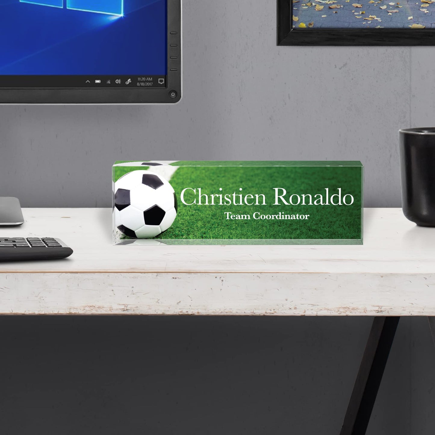 Infusion Personalized Office Desk Name Plate Acrylic Glass Block (8 x 2.5 x 1.25'', Soccer Ball)