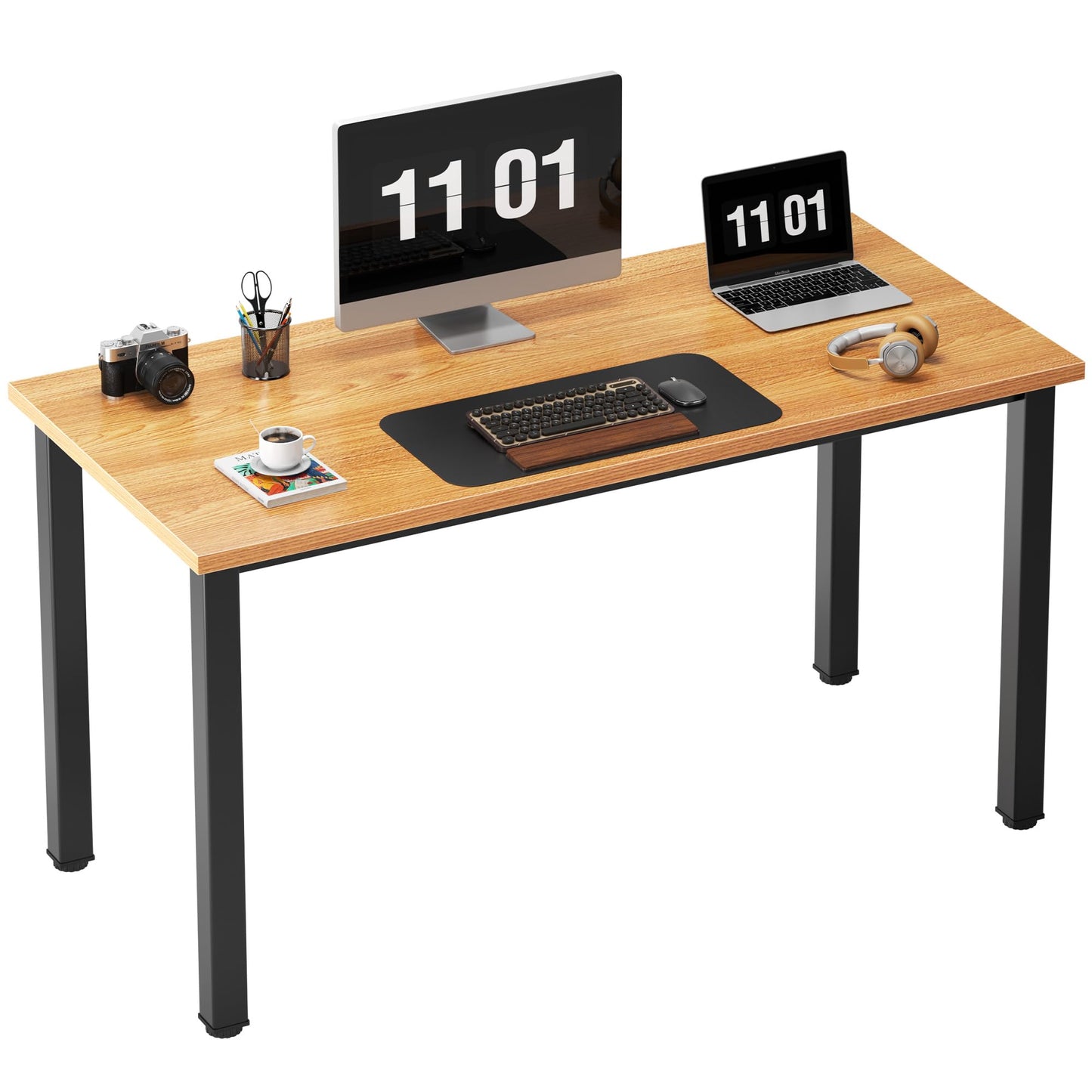 Need Computer Desk, 47 inch Home Office Desk, Modern Simple Style Home Office Gaming Desk, Basic Writing Table for Study Student, Black Metal Frame, Teak Tabletop