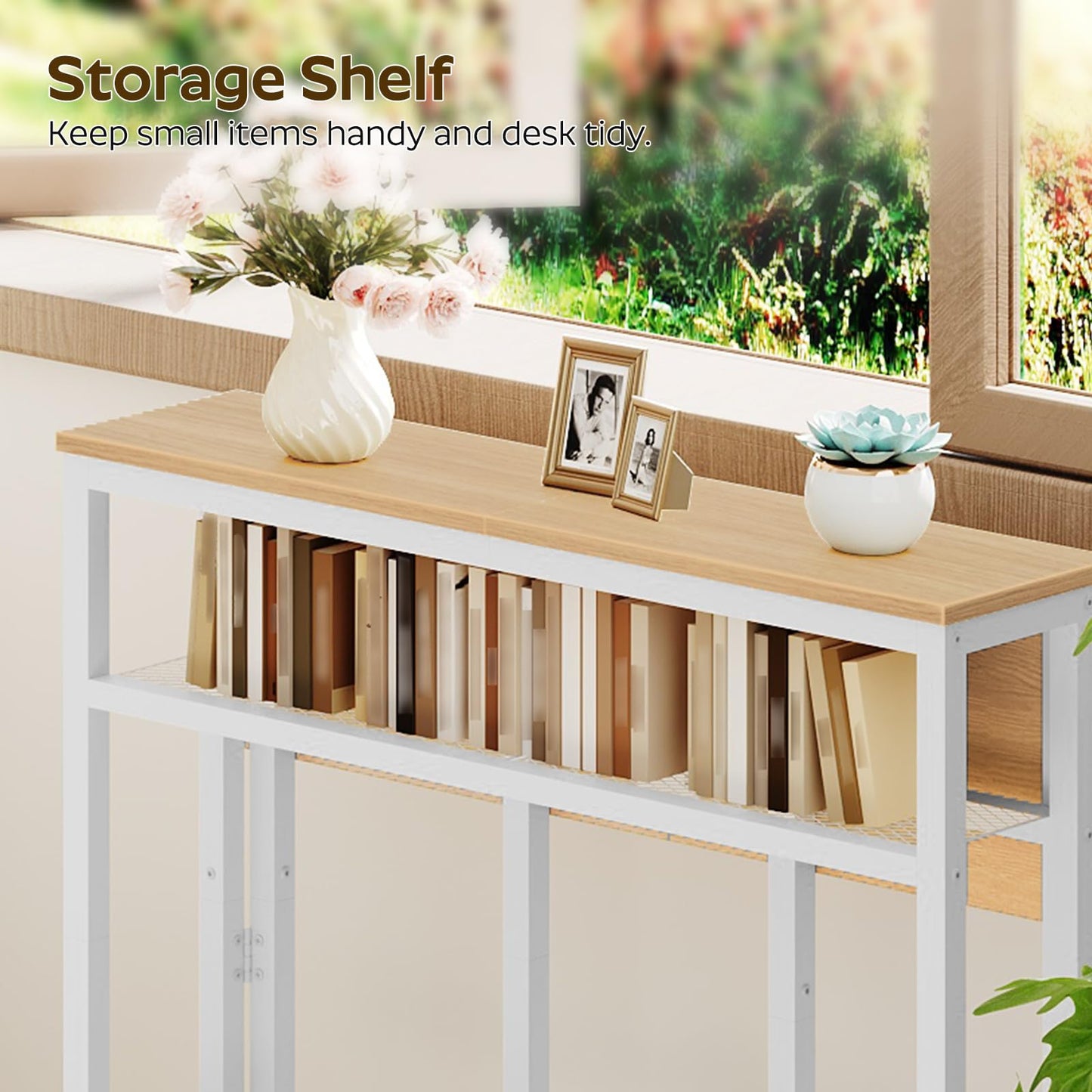 YATINEY Folding Computer Desk with Storage Shelf, 25.2" Rolling Folding Desk with Wheels, for Small Spaces, Living Room, Bedroom, Office, White and Natural DN08WN