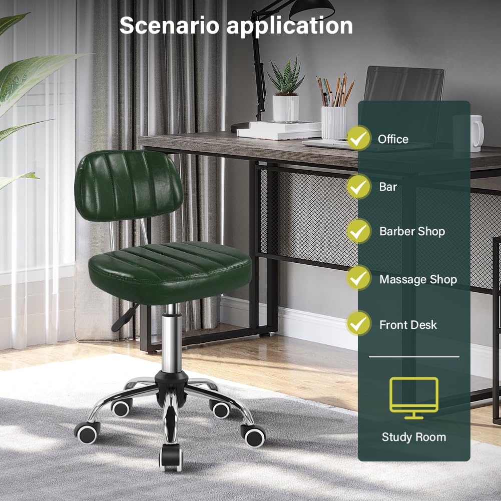BFTOU Square Swivel Stool with Wheel for Work SPA Shop Massage Height-Adjustable and Cost-Effective Rolling Stool Chair with Back (Green)