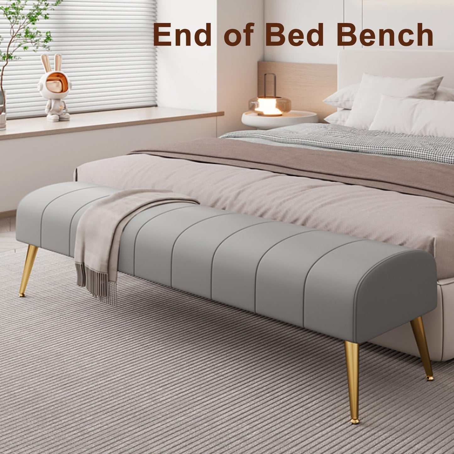 Modern Leather Upholstered Rectangular Footstool End of Bed Bench,Ottoman for Hallway Office Cloakroom,Sofa Long Bench Footrest with Gold Legs (Color : Dark Grey, Size : 60cm)
