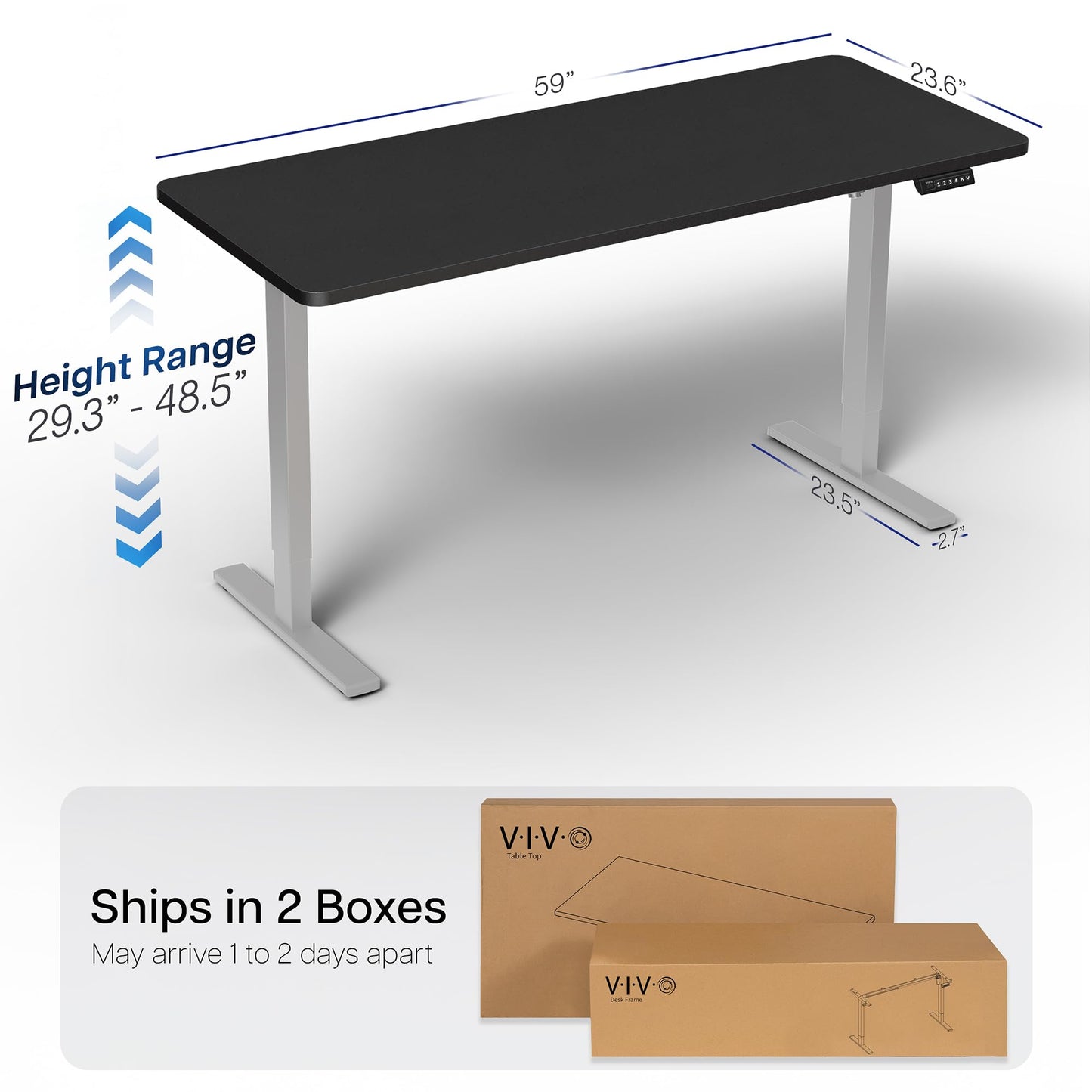 VIVO Electric 60 x 24 in Standing Desk, Memory Height Adjustment, 1B Series, Holds 220 lbs, One-Piece Black Top, Gray Frame, DESK-KIT-1G6B