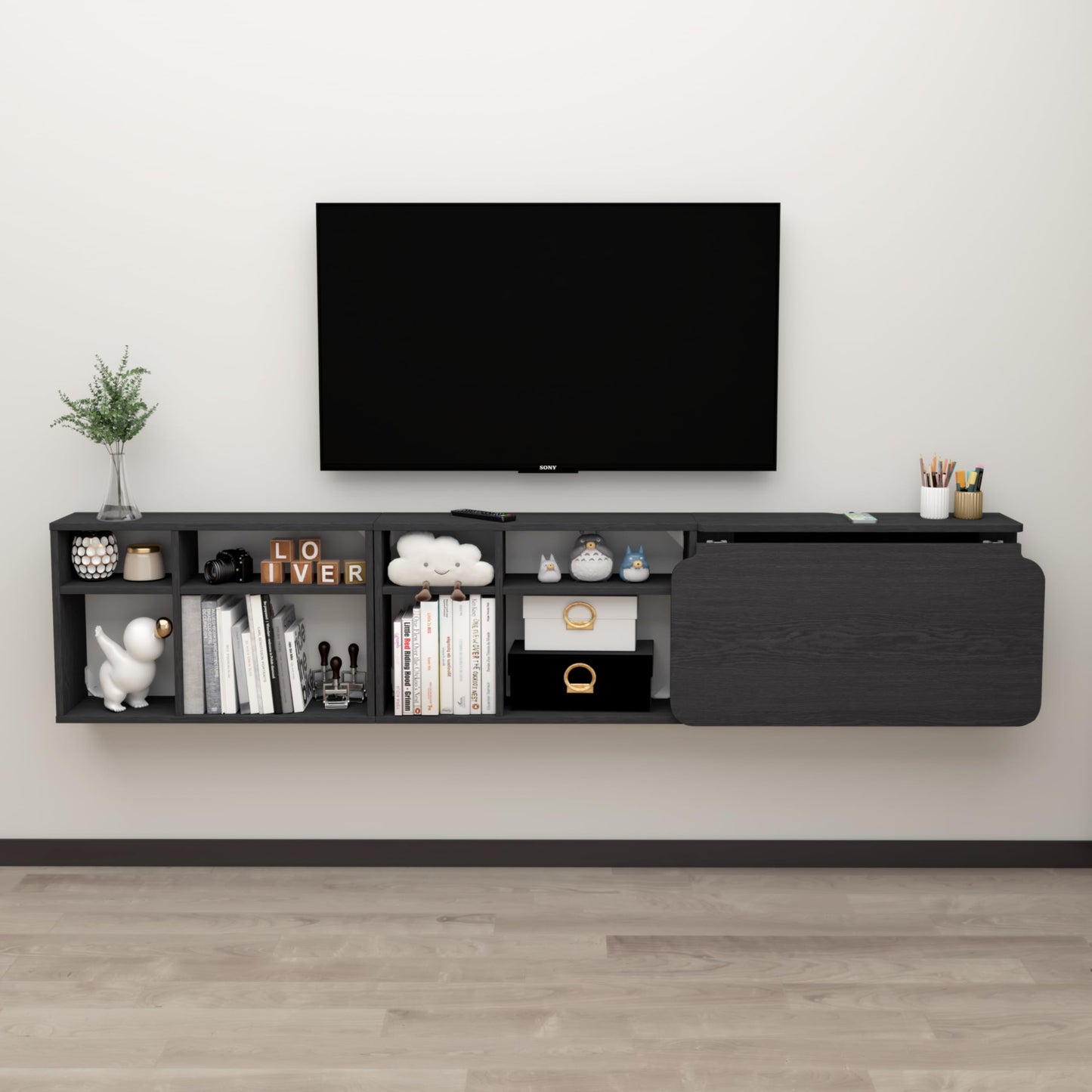 TuckTect Floating Desk with Storage Shelves, 82'' Wall Mounted Desk Laptop Writing Study Table, Folding Drop Leaf Table, Multifunctional Computer Workstation for Narrow Small Space