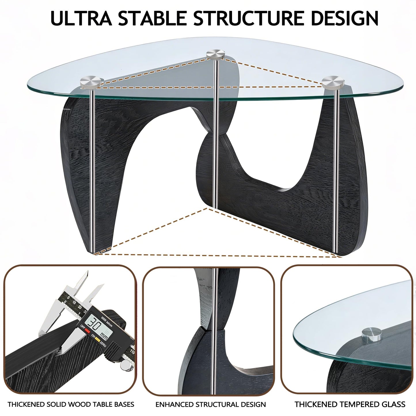 Black Coffee Table for Living Room, 35.4" Modern Oval Center Table with Tempered Glass Top & Sturdy Wooden Base, Easy to Install, Simple Tea Cocktail for Apartment, Lounge, Office