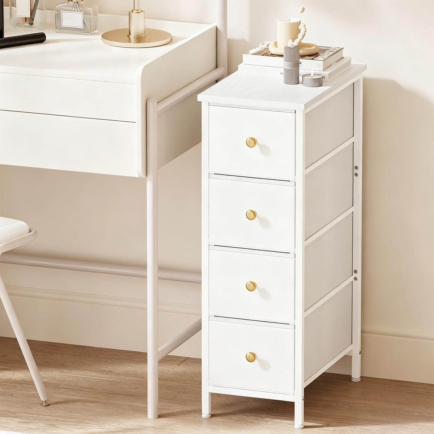Fixwal Narrow Storage Cabinet, Narrow Nightstand Dresser with 4 Drawers, Slim Fabric Dresser Storage Tower for Small Spaces, White Dresser, for Bedroom, Bathroom, Laundry, Closet