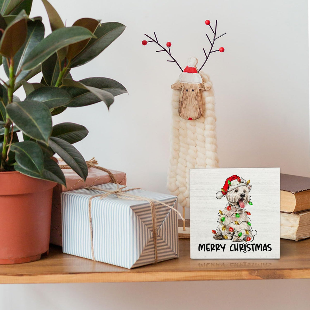 OVAcational West Highland White Terrier Christmas Wooden Box Sign Desk Decor, Westie Dog Lover Gifts, Christmas Dog Wood Block Sign for Home Office Desk Table Shelf Wall Decorations, 5x5 Inch
