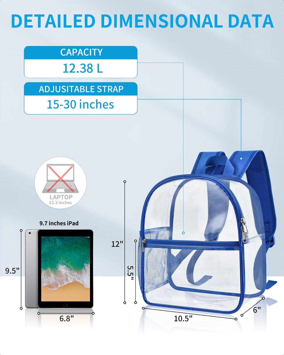 Paxiland Clear Backpack Stadium Approved 12×12×6 with Reinforced and Wider Shoulder Straps, Small Clear Bag for Schools, Concerts, Work, Festivals and Sporting Events - Blue