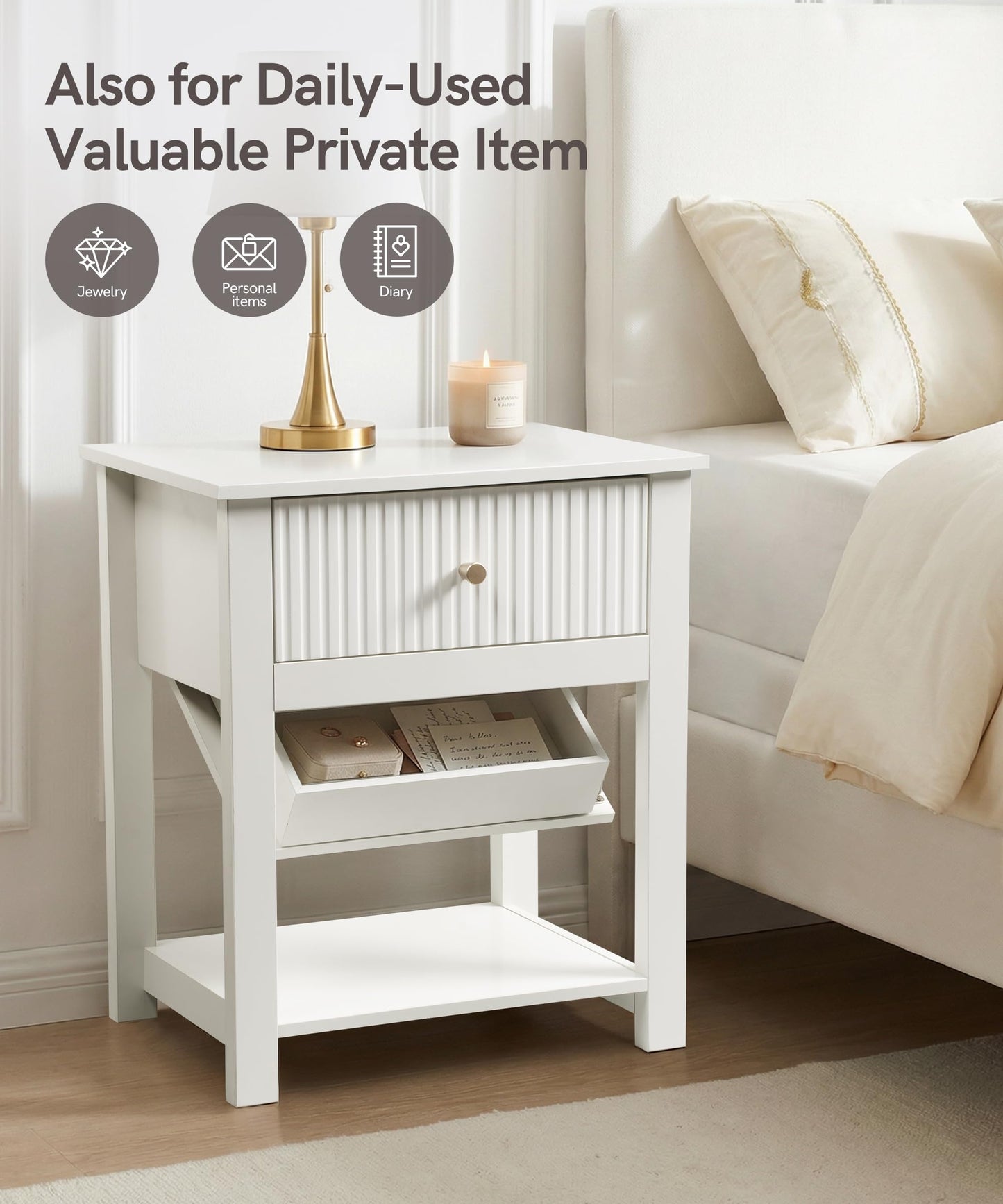 Aylenic Night Stand with Gun Drawer, White Wood Bedside Table, Modern Farmhouse Side Table Bedroom Gun Safe with Hidden Compartment, Handgun Safe for Nightstands Simple Aesthetic End Table