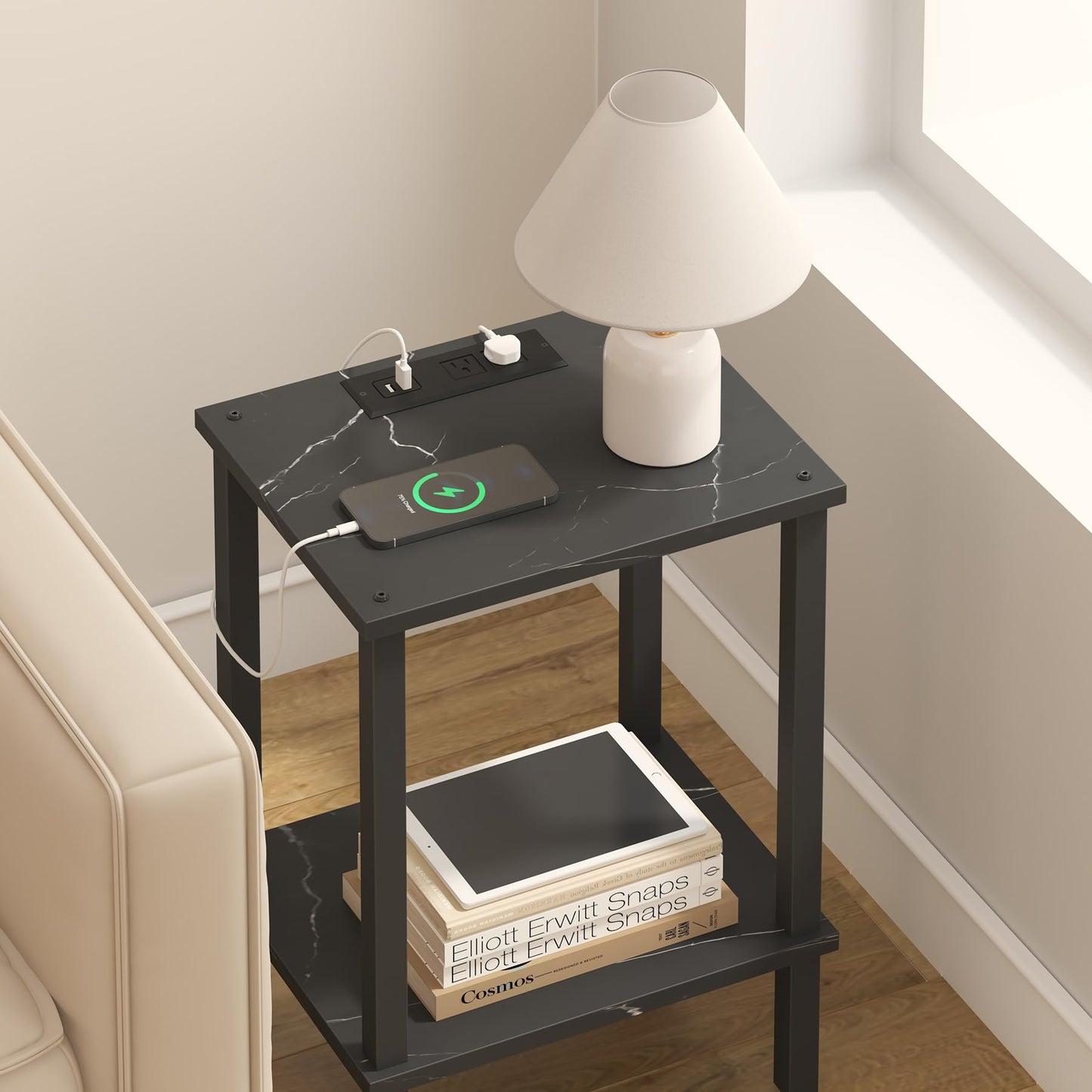 TUTOTAK End Table with Charging Station, Small Side Table, Nightstand Bedside Table, 2-Tier Storage Shelf for Small Space, Living Room, Bedroom, Marble Black TB01BMK040