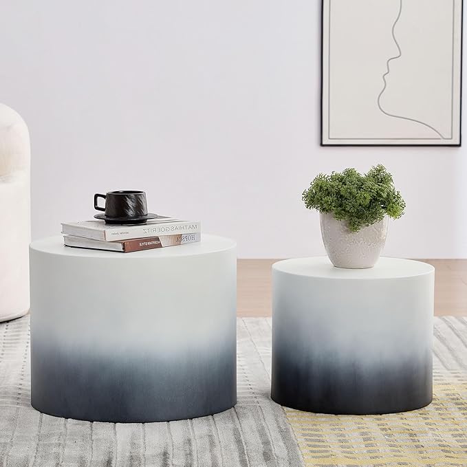 Small Round Coffee Table Nesting End Table Set of 2, MDF Side Circle Accent