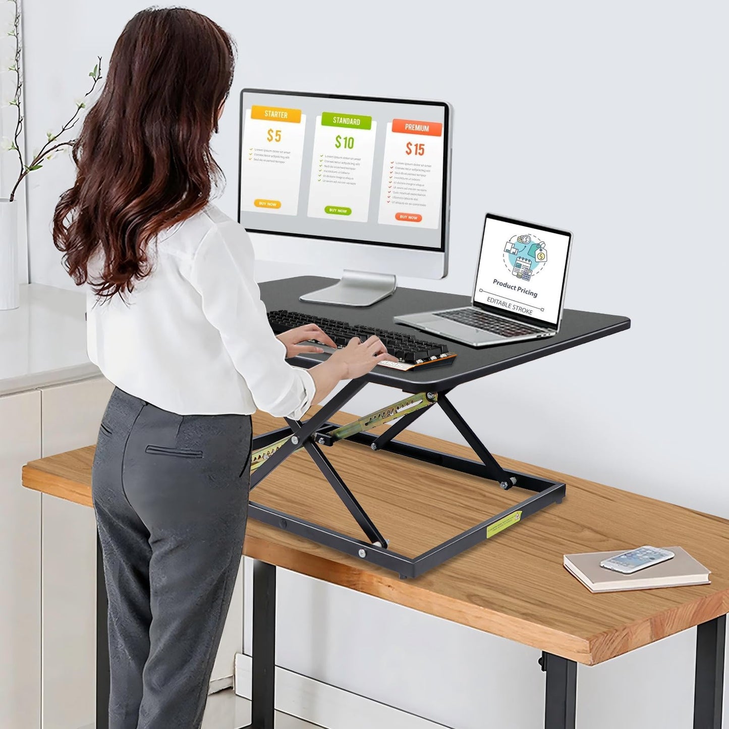 STANDNEE 32in Desk Riser for Standing or Sitting, Large Standing Desk Converter, Height Adjustable Sit Stand Desk Converter, Fully Assembled Monitor Laptop Riser Workstation for Home Office, Black