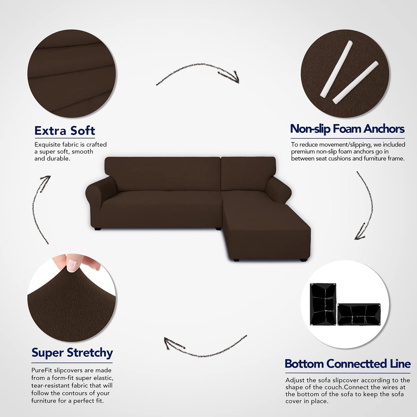 PureFit Super Stretch Sectional Couch Covers - 2 pcs Spandex Non Slip Sofa Covers with Elastic Bottom for L Shape Sectional Sofa Couch, Great for Kids & Pets (3 Seat Sofa + 3 Seat Chaise, Coffee)